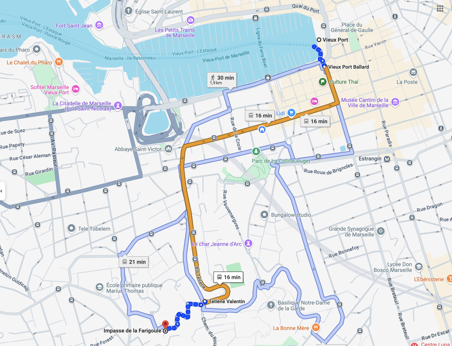 Carte montrant le trajet entre l’impasse de la Farigoule et le Vieux-Port